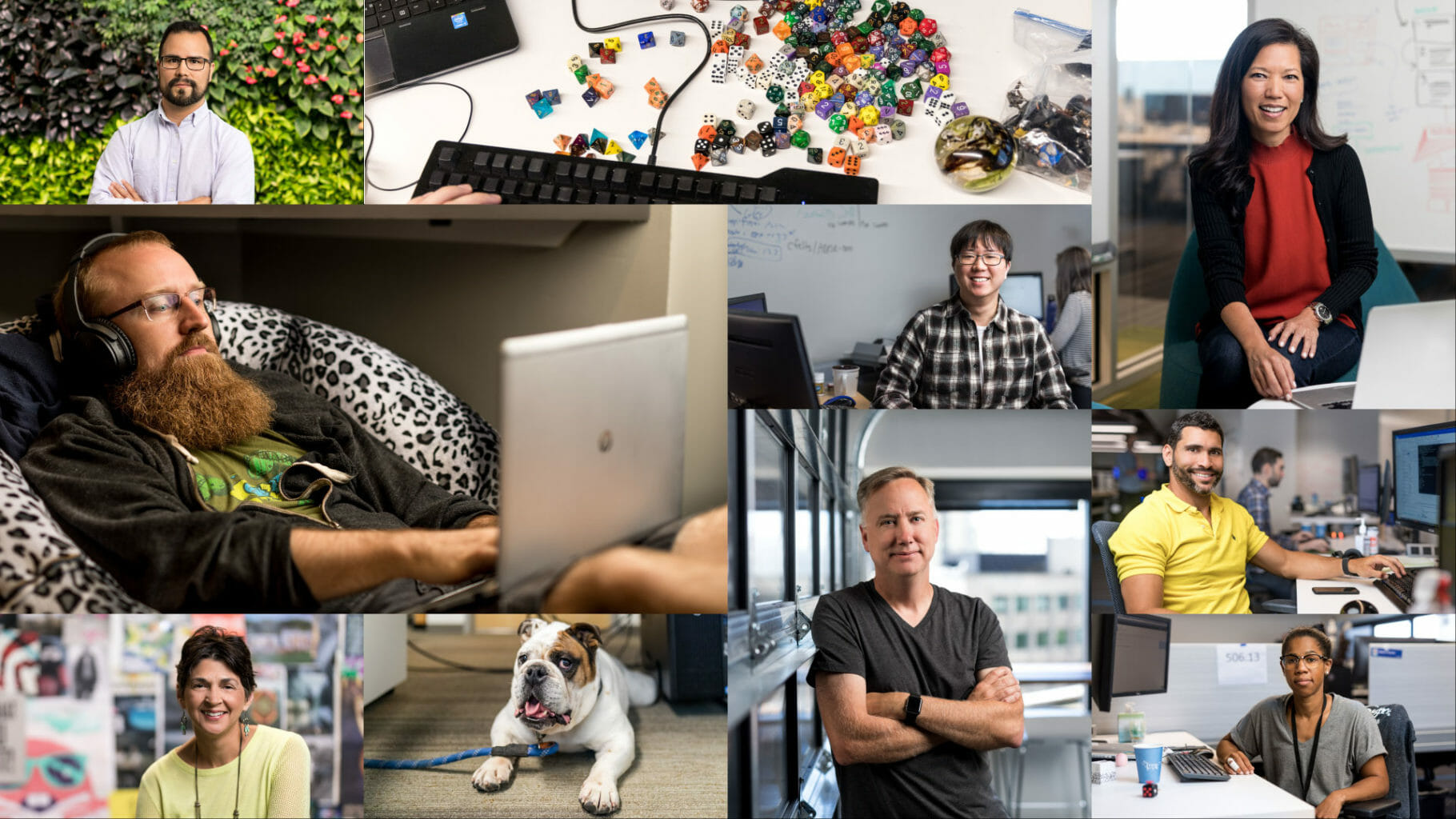 een man en een vrouw die bij een bureau met een hond zitten