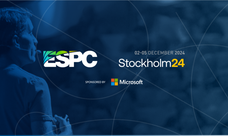 ESPC Stockholm 24, 2–5 December 2024, sponsored by Microsoft. A speaker is pictured on stage against a blue background.