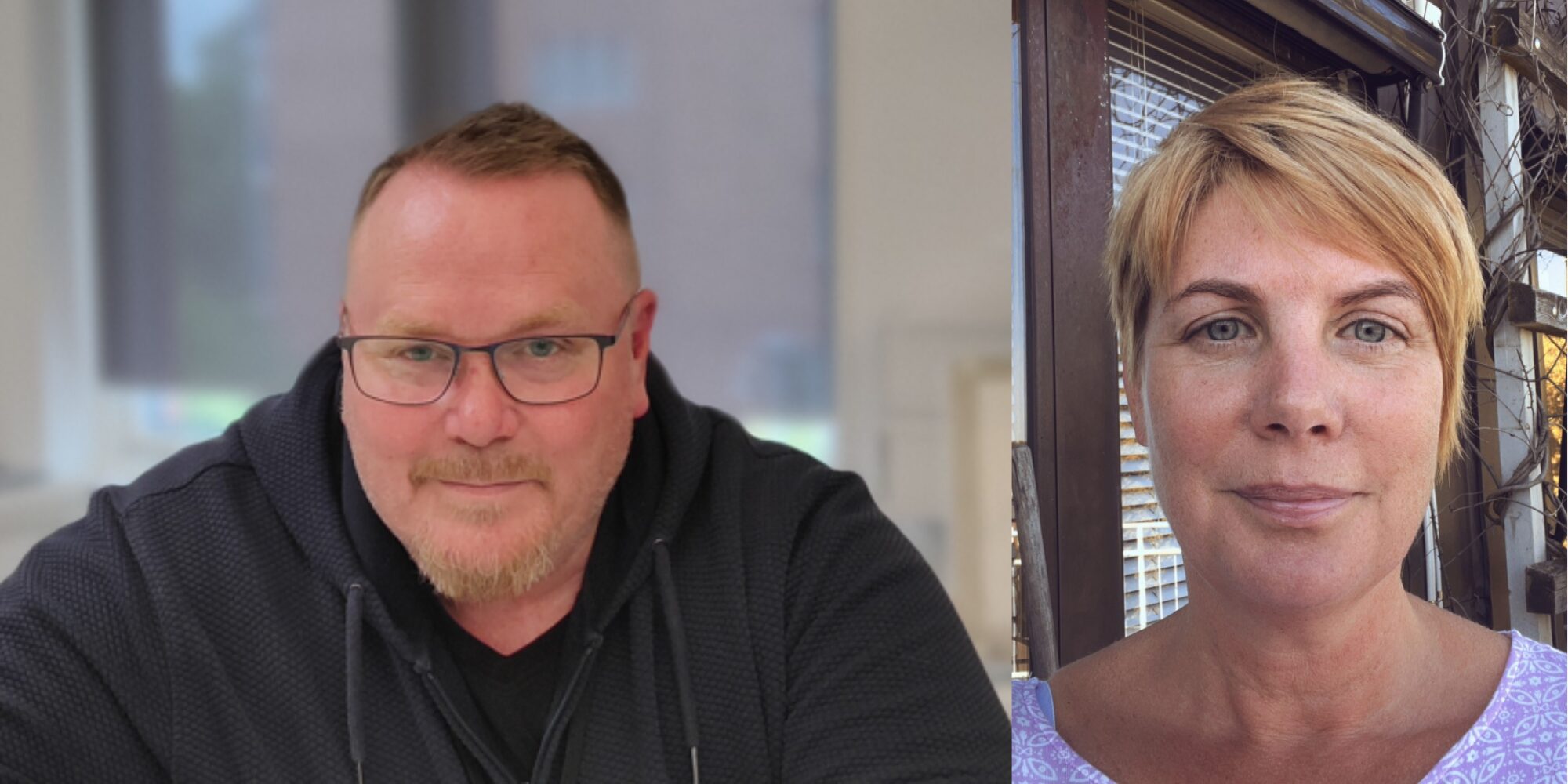 Två porträttbilder visas sida vid sida. Till vänster syns en person med kort hår, glasögon och mörk huvtröja framför en ljus, oskarp bakgrund. Till höger syns en person med kort ljust hår och en ljust mönstrad tröja, fotograferad framför ett fönster med persienner.