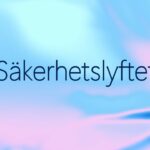 Abstrakt bakgrund i mjuka nyanser av blått, turkost och rosa, med texten ”Säkerhetslyftet” centrerad i mörkblått.